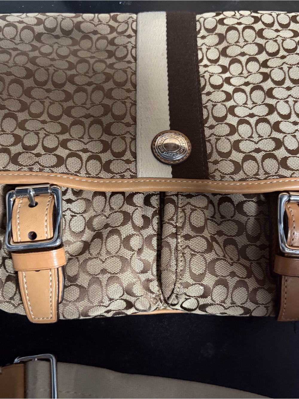 Coach Brown and Cream Signature Canvas Shoulder Bag with Leather Trim